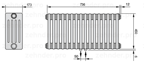 Схема (чертеж) Радиатор Zehnder Charleston 5045/16 №5410 Белый глянцевый RAL 9016
